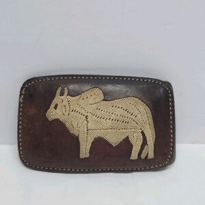 Vintage Unique Brahma Bull Western Belt Buckle Leather with Stitching Embroidery